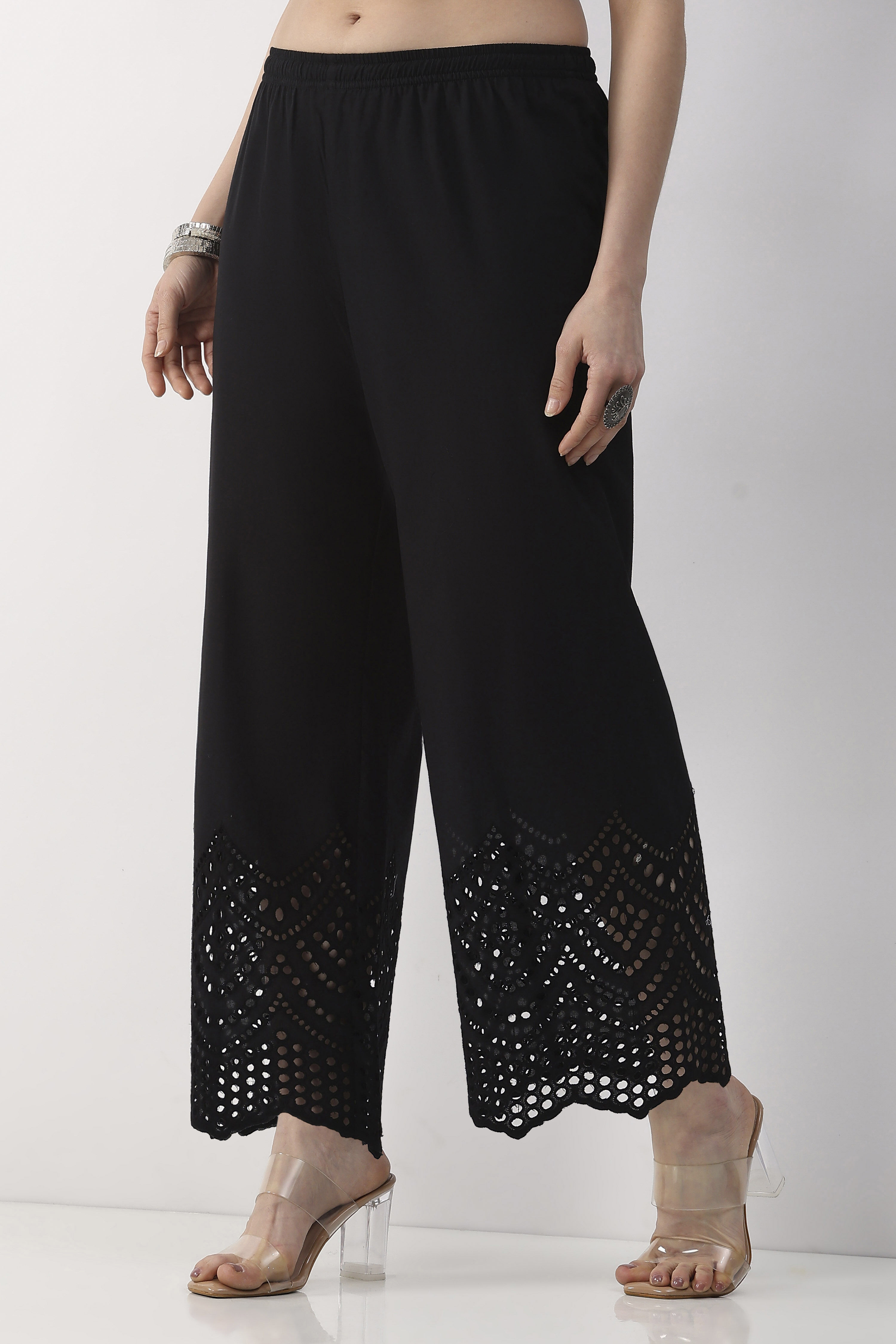 Black Cotton Straight Palazzos image number 2