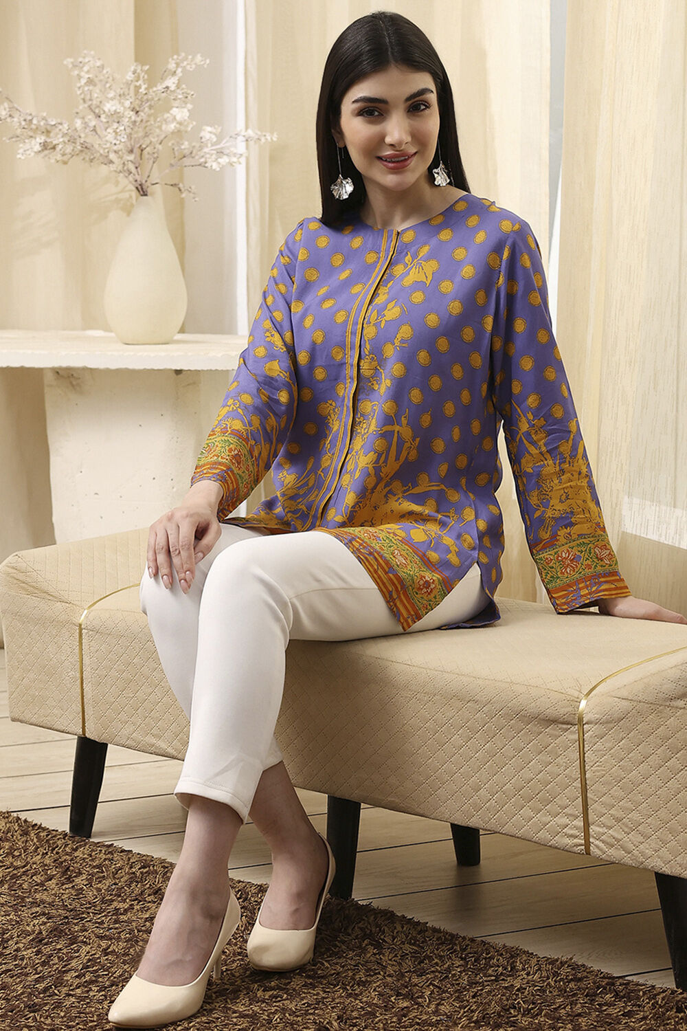 Purple Muslin Printed Straight Short Kurta image number 0