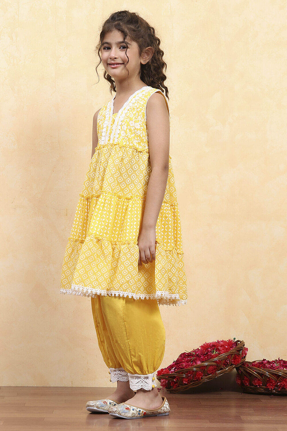 Dark Blue Cotton Tiered Printed Kurta Salwar Set image number 3