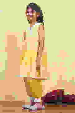 Yellow Cotton Tiered Printed Kurta Salwar Set image number 3