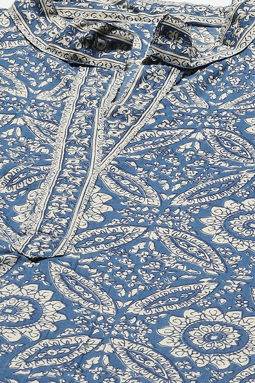 Blue Cotton Floral Screen Printed Unstitched Suit Set image number 2