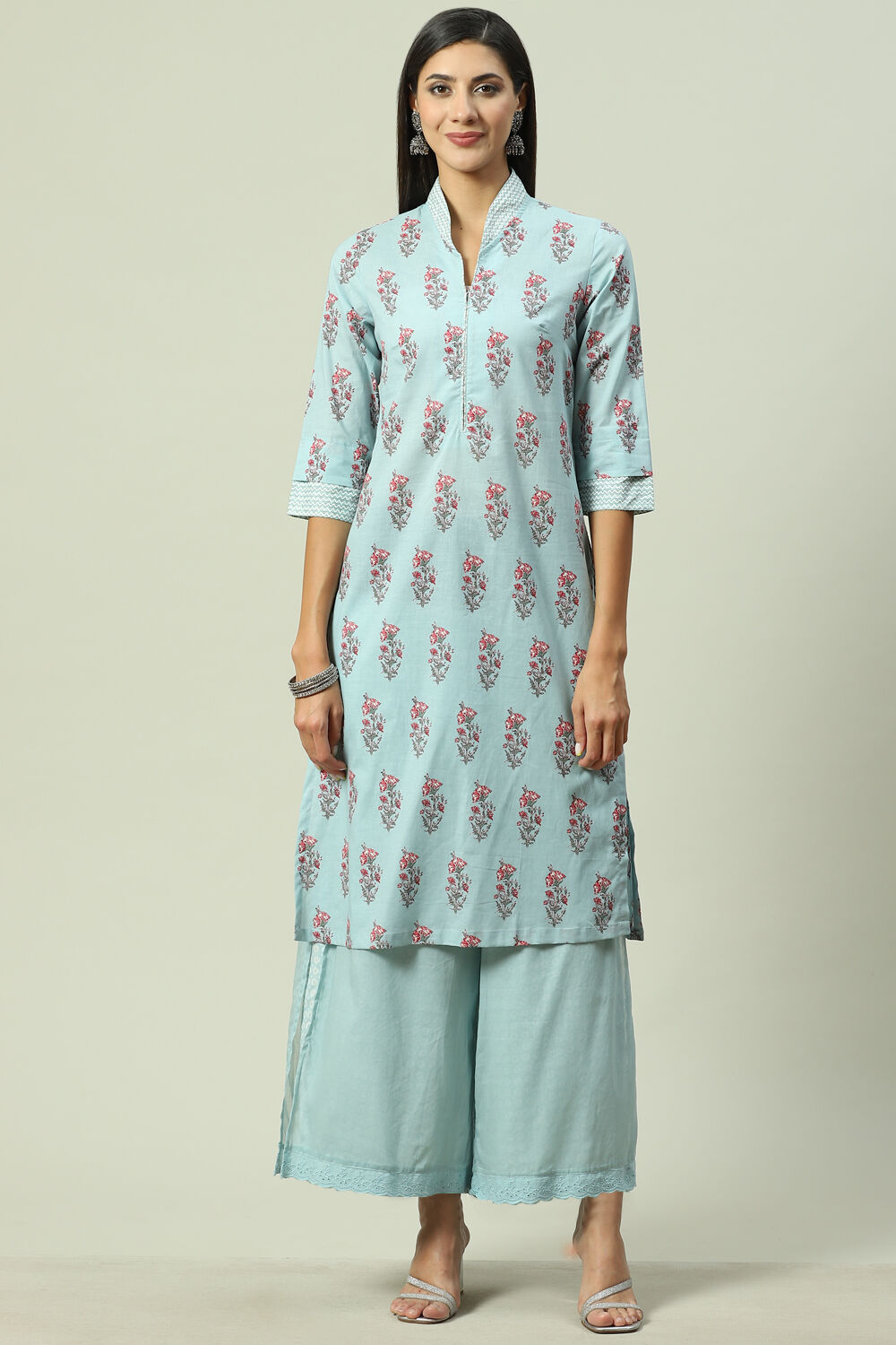 Sky Blue Cotton Straight Kurta Palazzo Suit Set image number 6