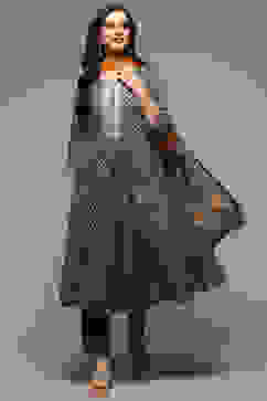 Grey Cotton Gathered Kurta Pants Suit Set image number 0