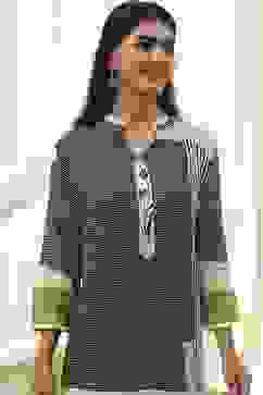 Black and Off-White Straight Printed Kurta Set image number 1