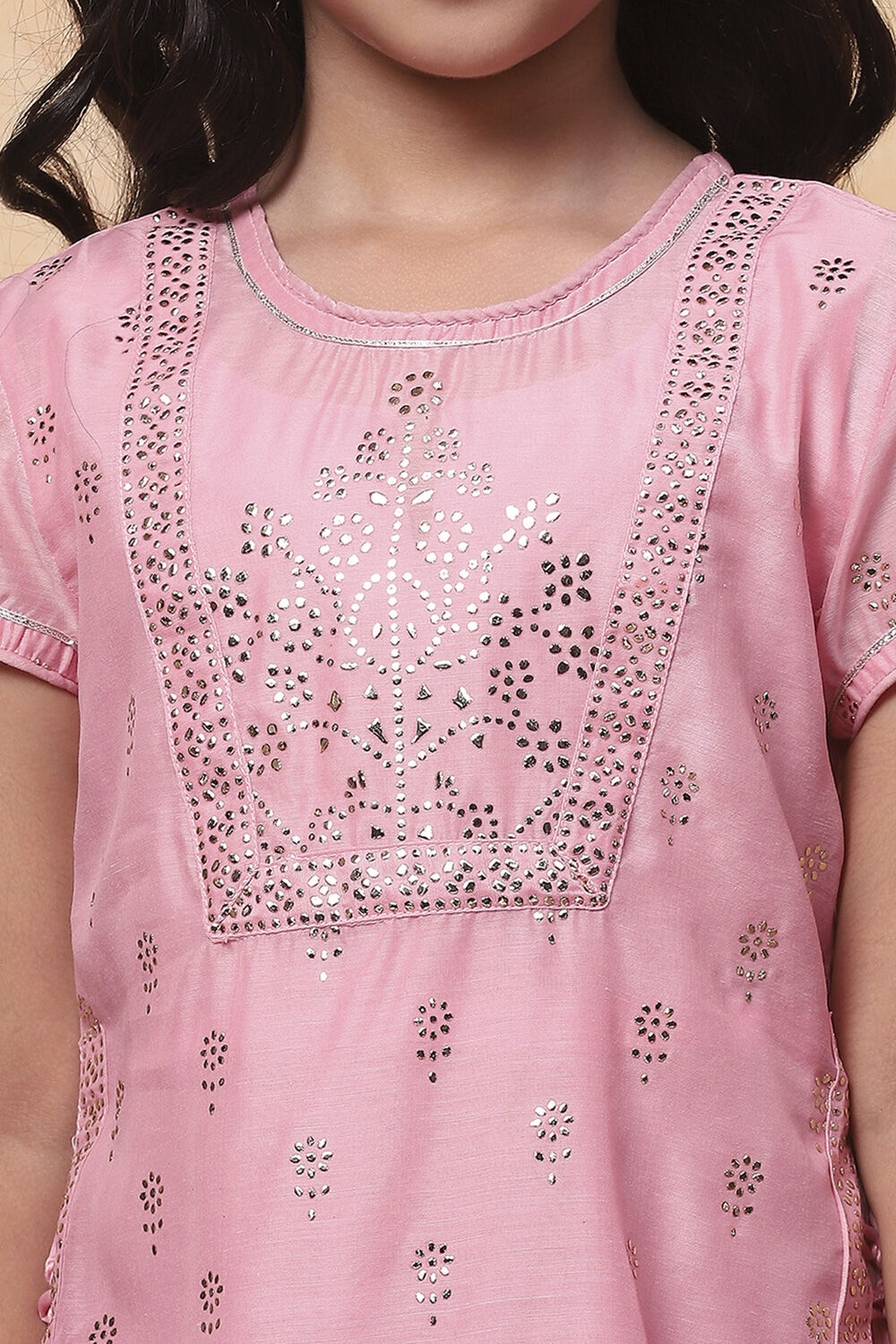 Pink Metallic Print Layered Flared Suit Set image number 1