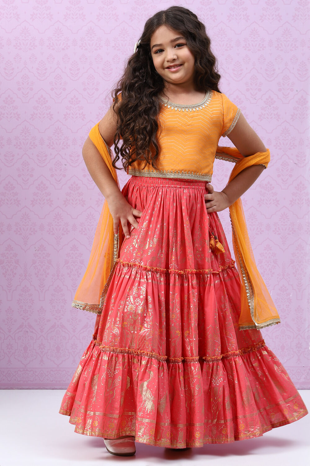 Orange & Coral Art Silk Lehenga Set image number 6