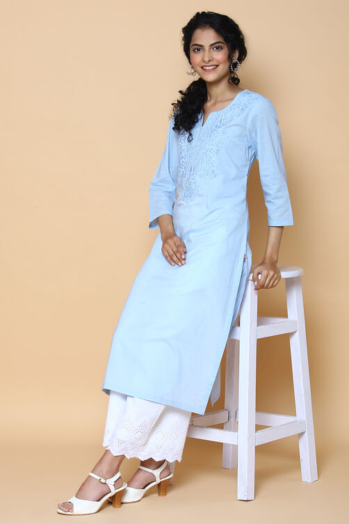 Ice Blue Cotton Embroidered Kurta image number 0