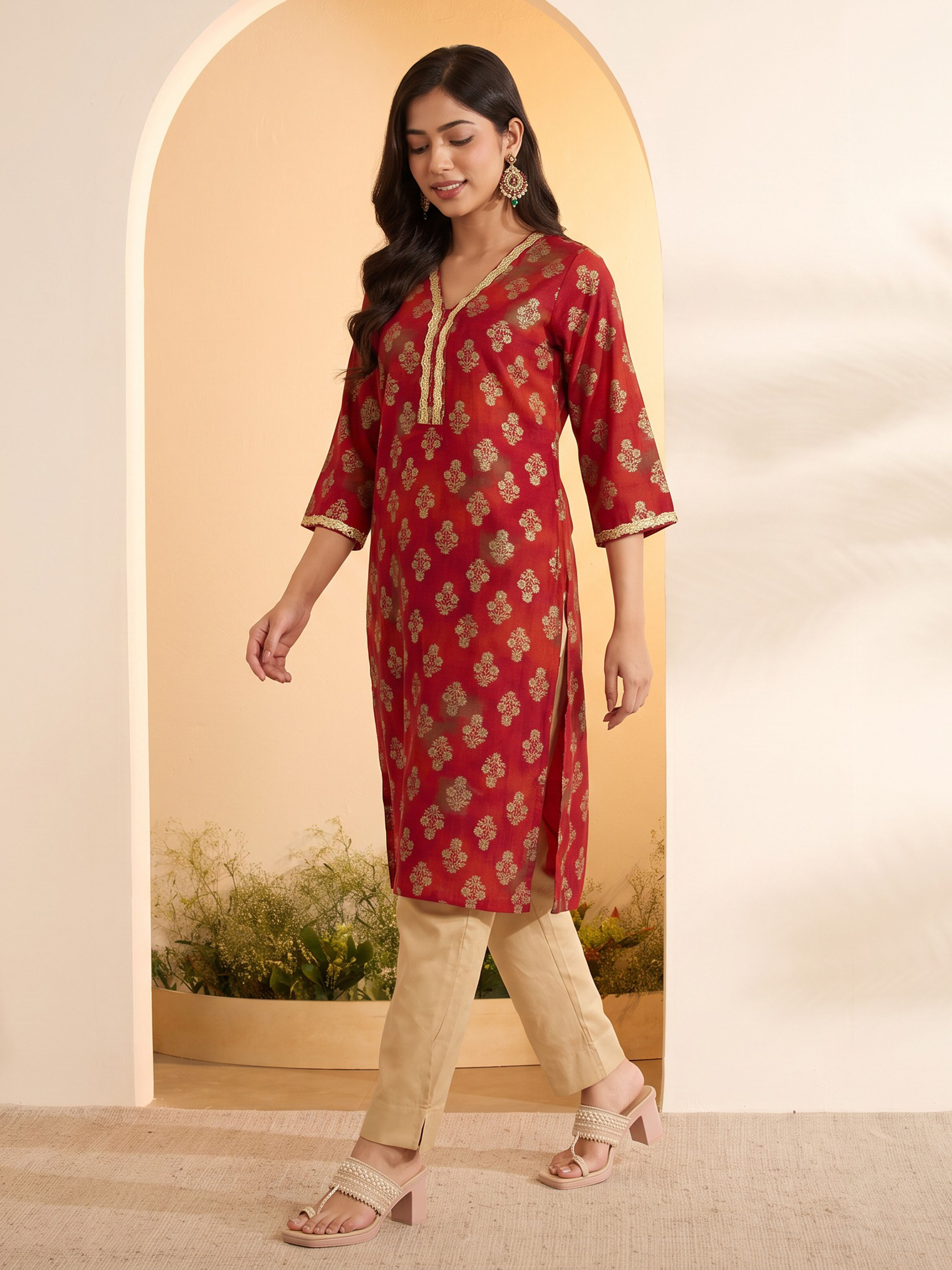 Red Poly Viscose Straight Kurta image number 0