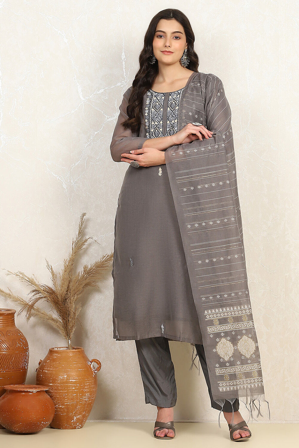 Grey Modal Hand Embroidered Unstitched Suit Set image number 7