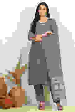 Grey Modal Hand Embroidered Unstitched Suit Set image number 7