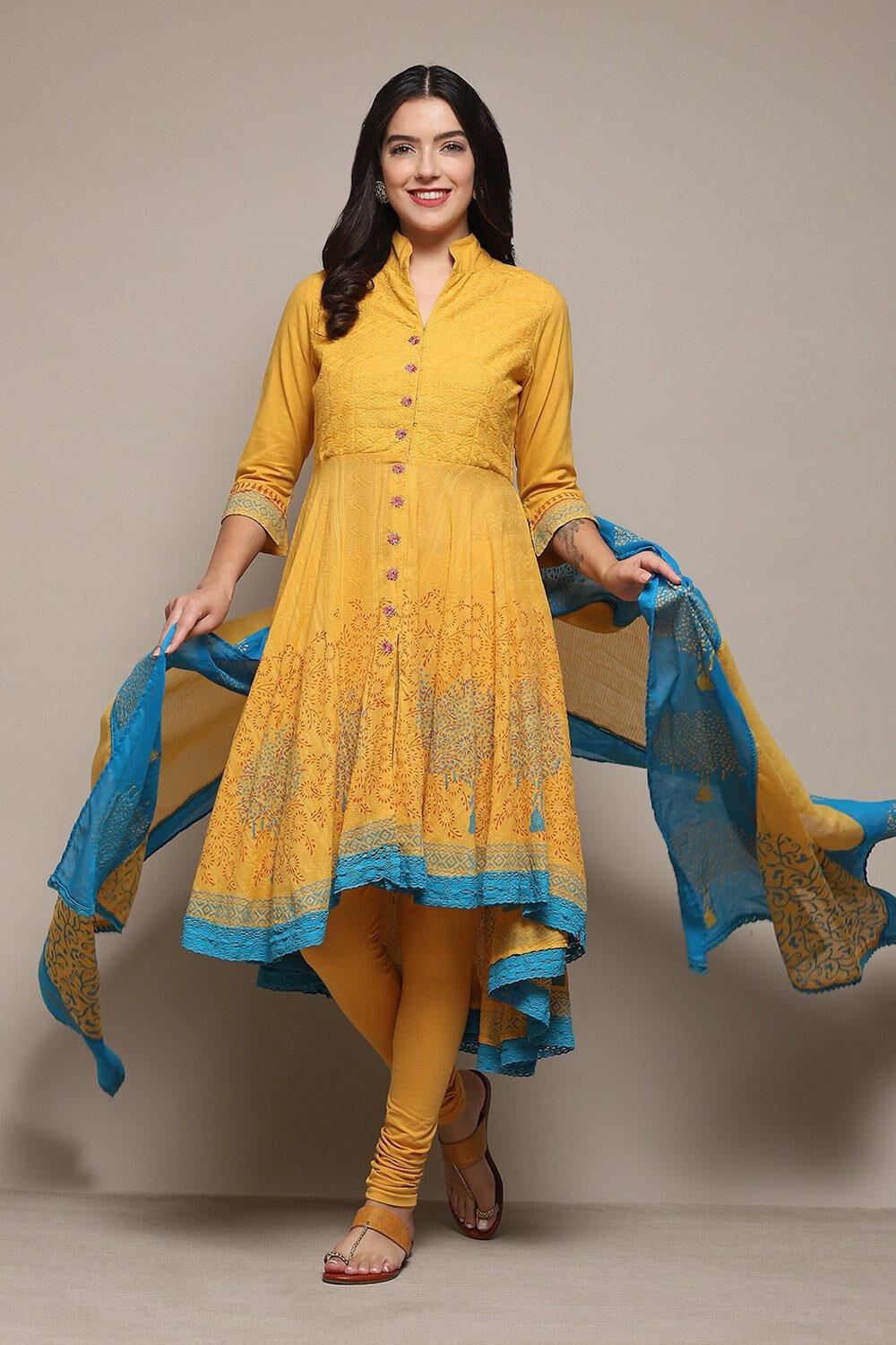 Turquoise Cotton Anarkali Solid Kurta Churidar Suit Set image number 0