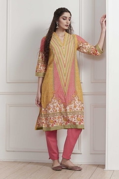 Yellow Cotton Printed Straight Kurta