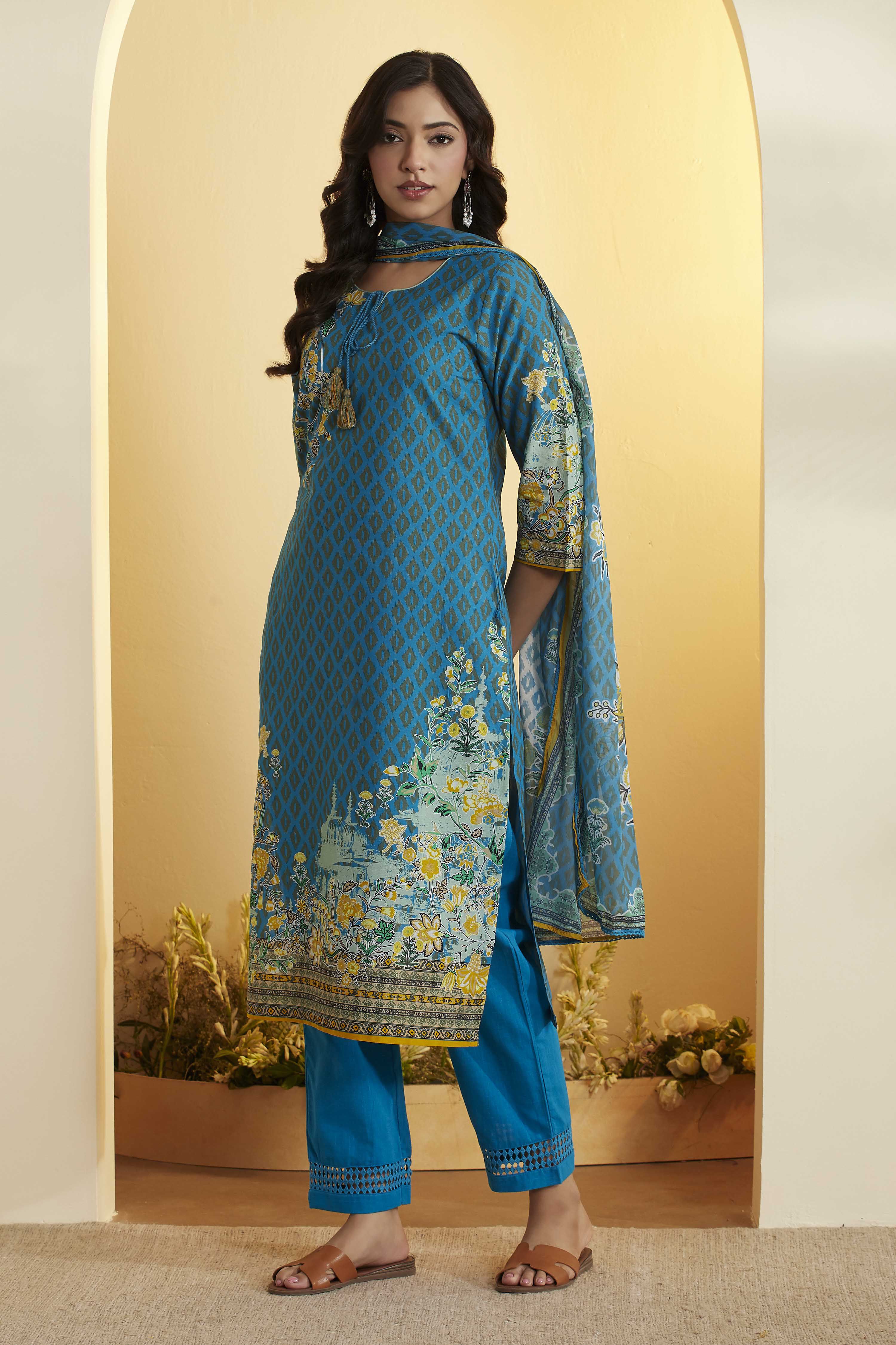Turquoise Cotton Straight Printed Kurta Ankle Length Suit Set image number 3