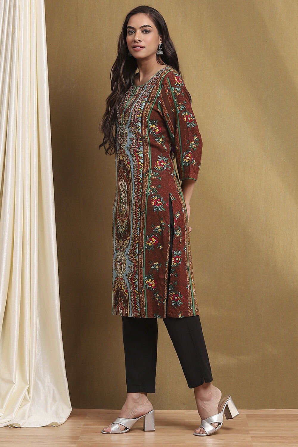 Brown Hand-Block Printed Straight Kurta image number 2