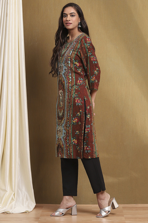 Brown Hand-Block Printed Straight Kurta image number 2