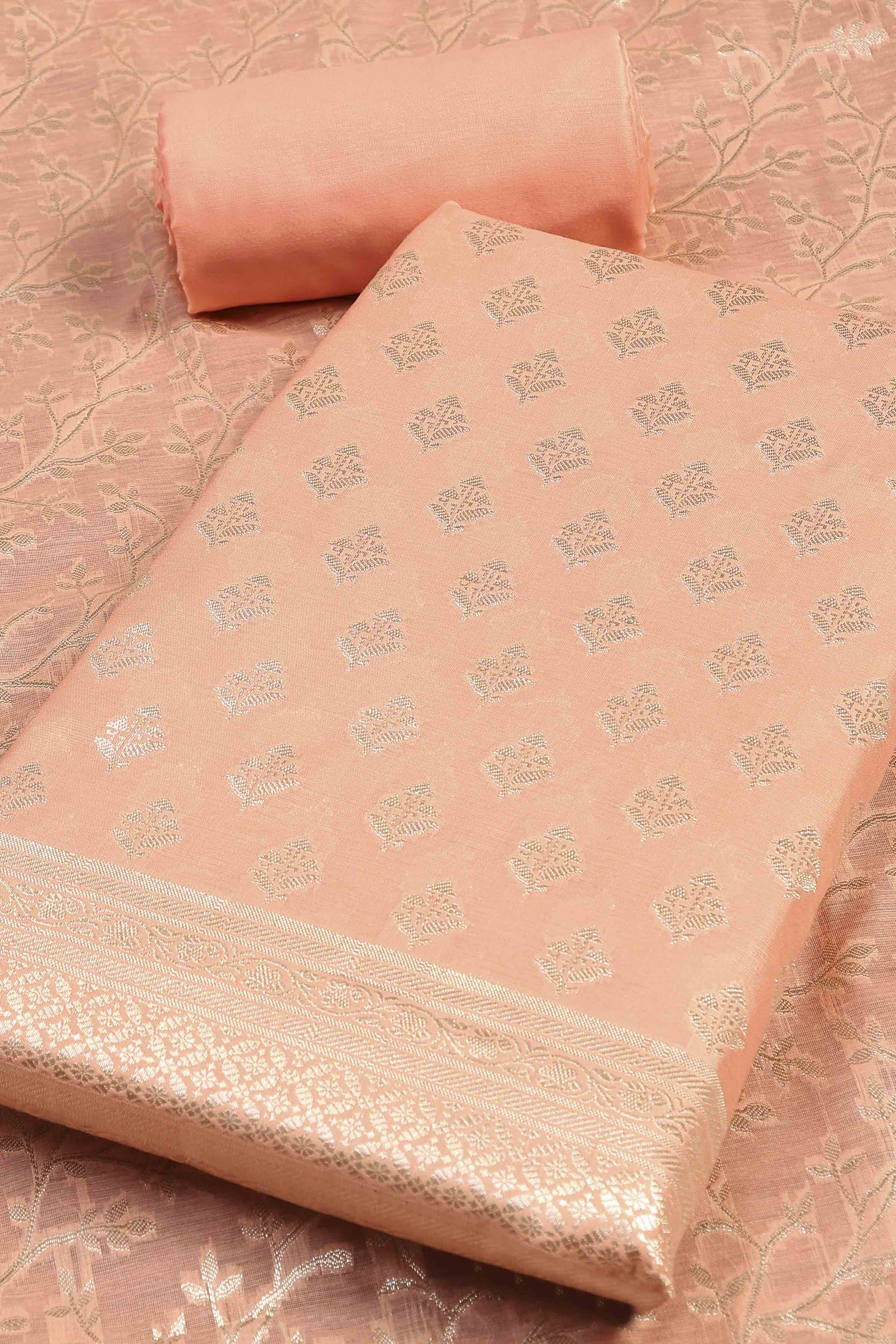 Light Pink Chanderi Ethnic Motif Unstitched Suit Set image number 1