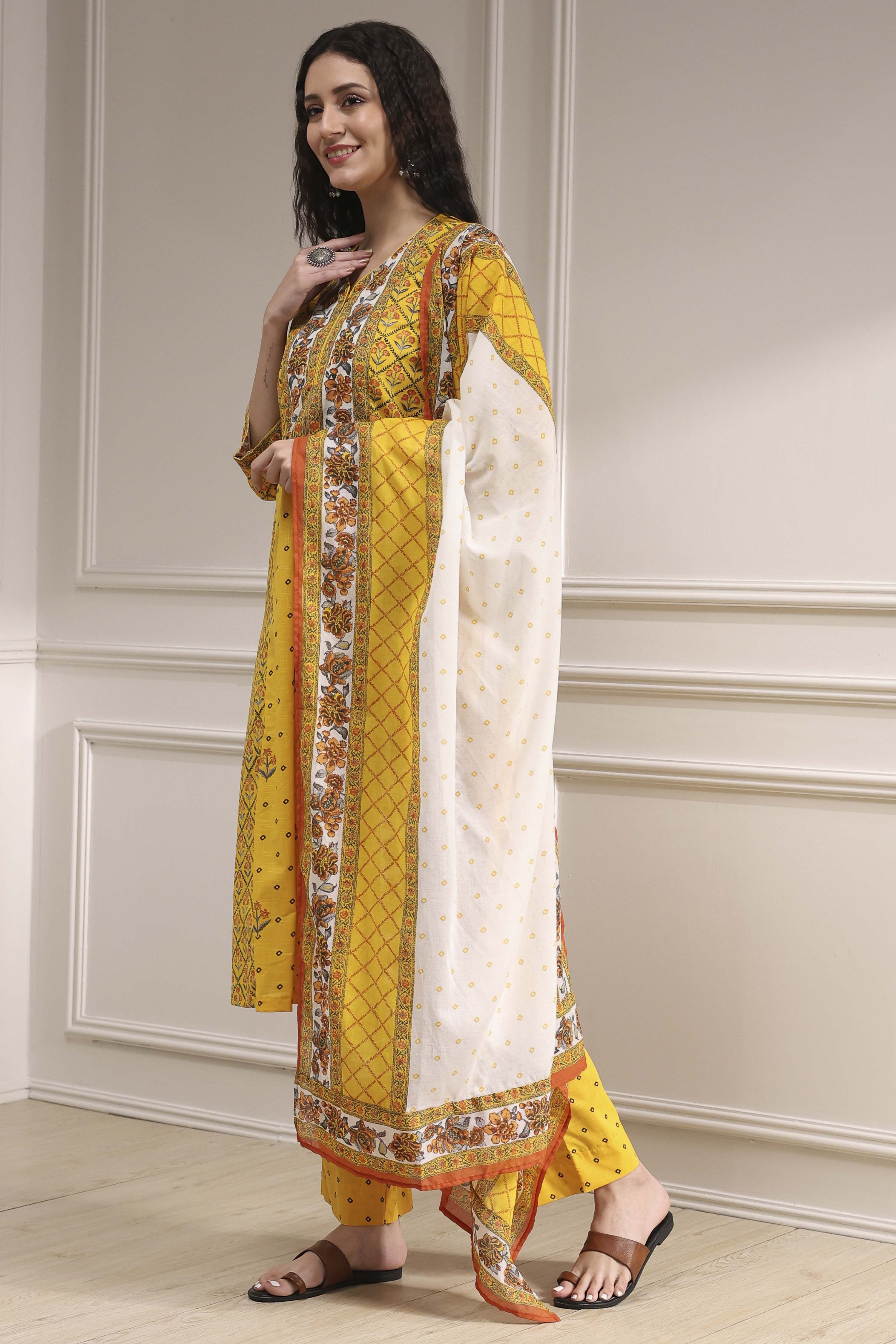 Beige Cotton Printed A-Line Suit Set image number 3