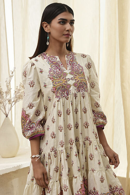 Beige Cotton Printed Tiered Dress image number 1