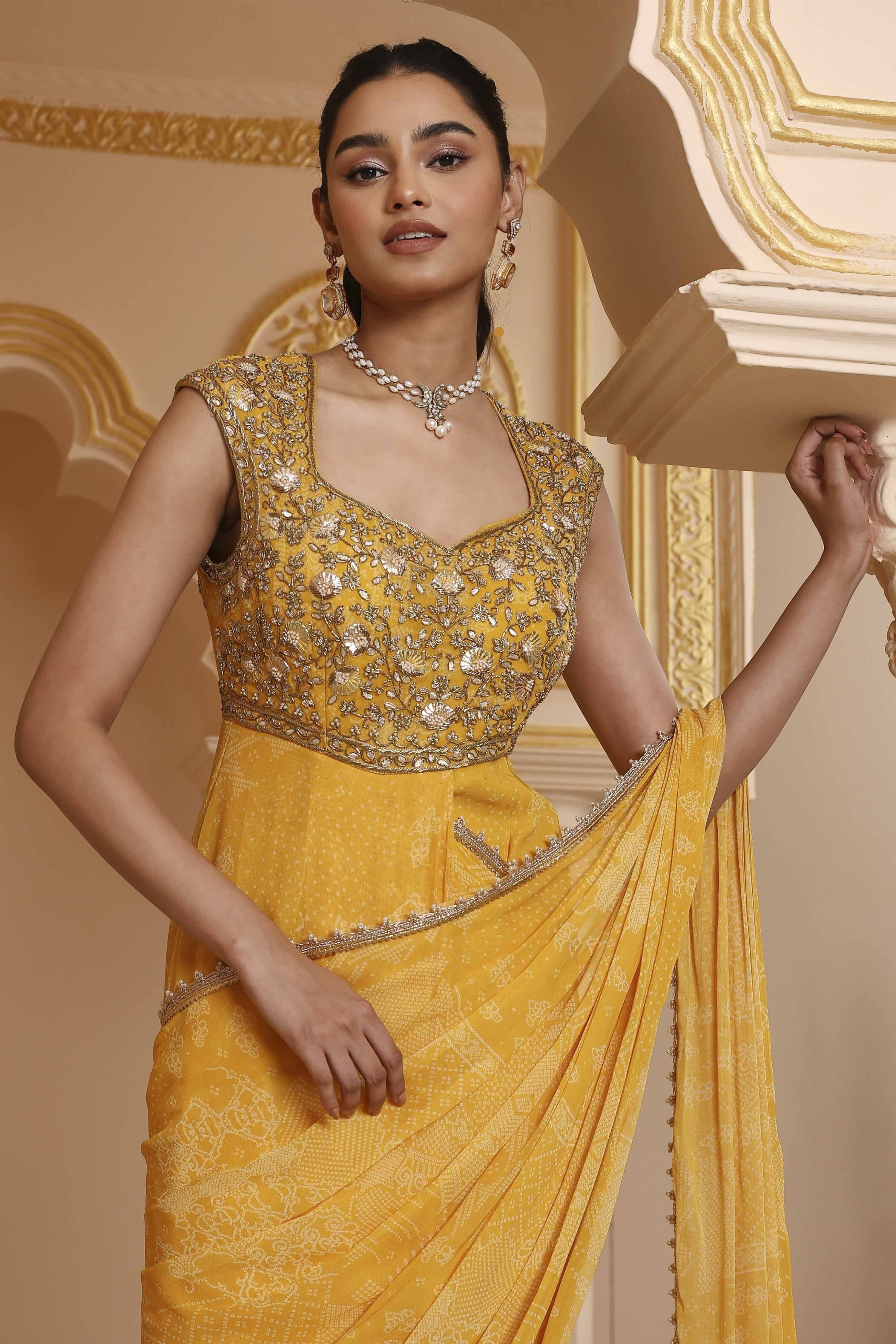 Yellow Poly Georgette Digital Printed Gown Saree image number 1