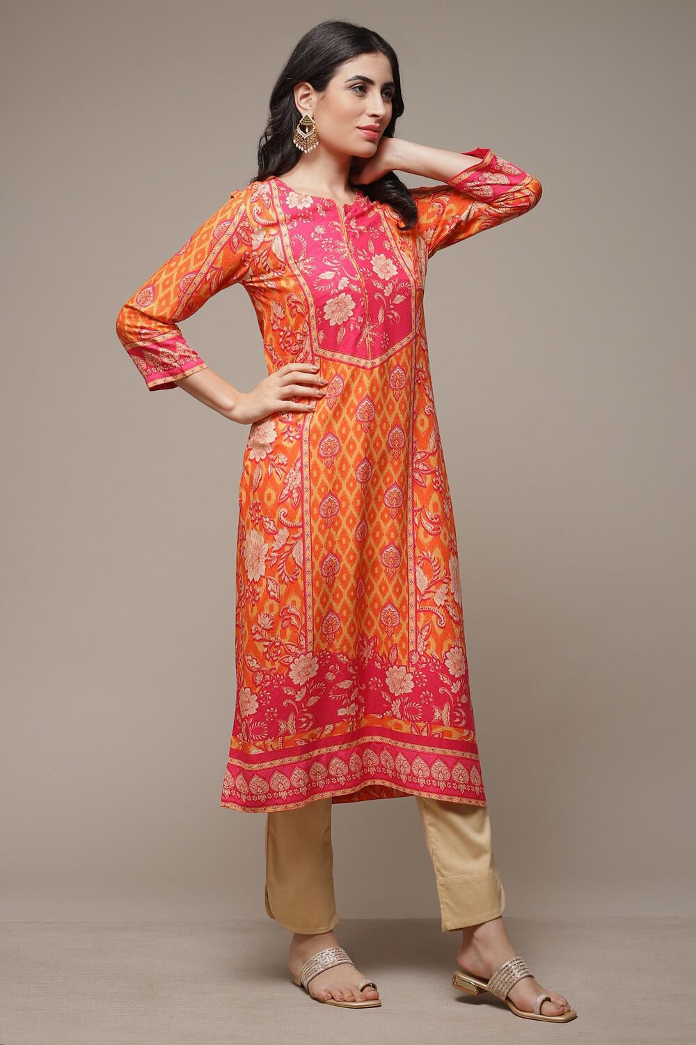 Orange LIVA Straight Printed Kurta image number 3