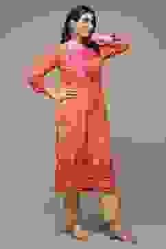 Orange LIVA Straight Printed Kurta image number 3