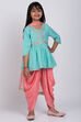 Turquoise Poly Cotton A-Line Kurta Dhoti Salwar Suit Set image number 3