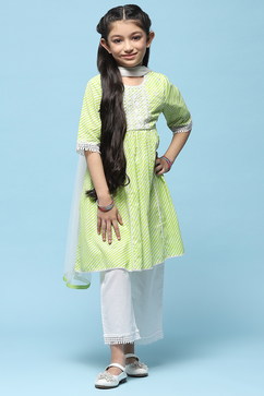 Green Leheriya Cotton Kurta With Palazzo & Net Dupatta image number 7