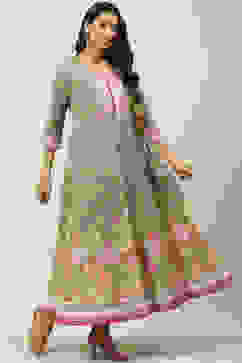 Olive Green Cotton Flared Printed Dress image number 2