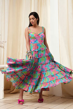 Turquoise Cotton Floral Printed Tiered Dress image number 9