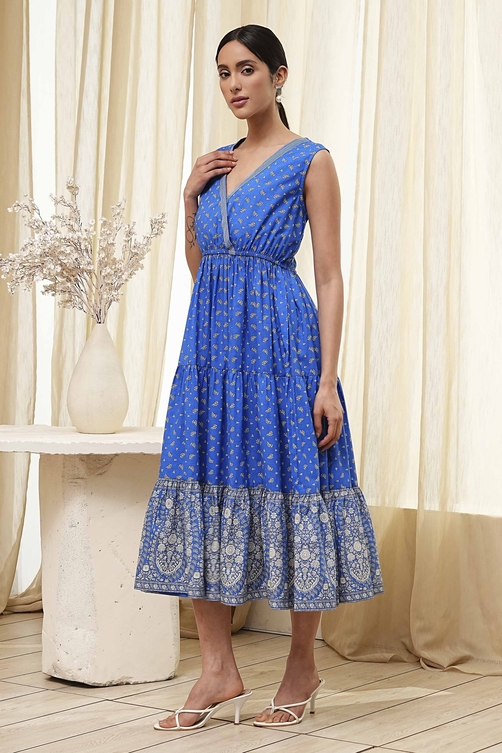Blue Cotton Printed Tiered Dress image number 2