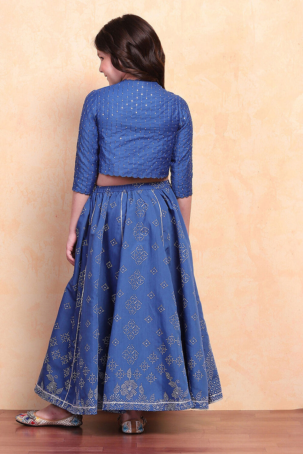 Blue-White Poly Chanderi Short Straight Lehenga Set image number 4