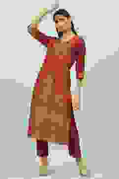 Maroon Art Silk Straight Kurta Slim Pants Suit Set image number 6