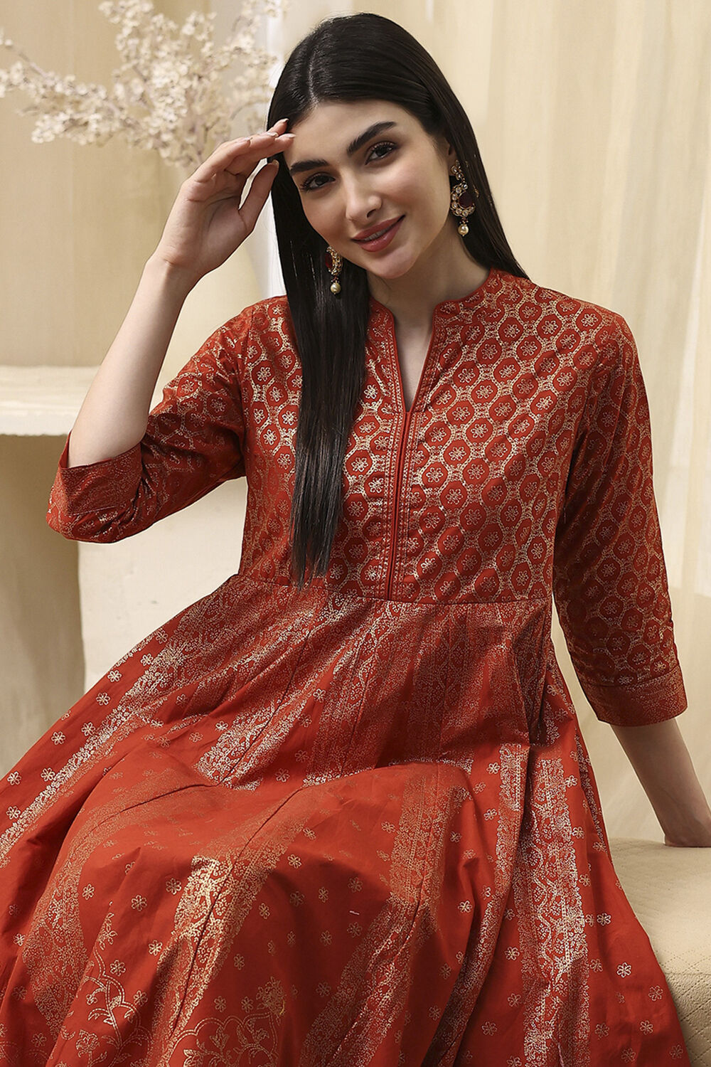 Terracotta Cotton Layered Anarkali Dress image number 5