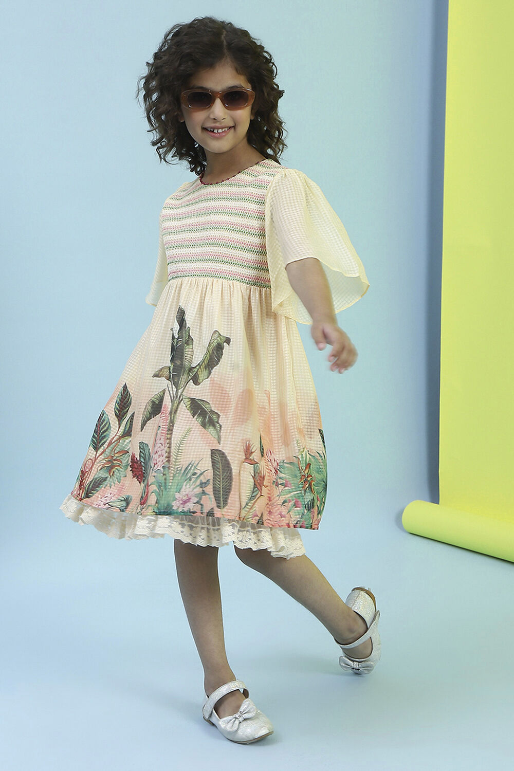 Beige Printed Gathered Dress image number 0