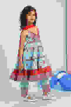 Sky Blue Cotton Printed Tiered Suit Set image number 5