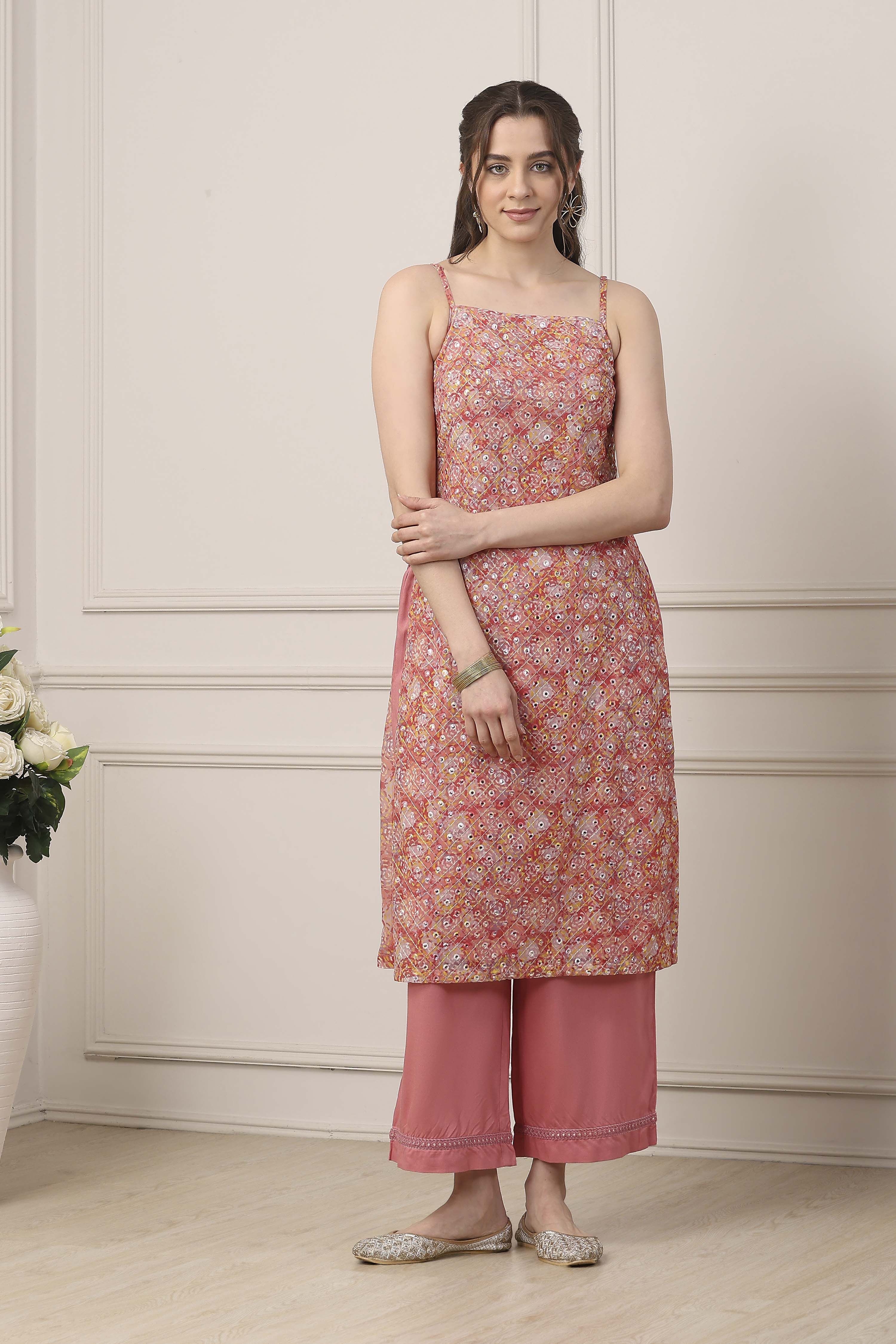 Peach Poly Georgette Straight Suit Set image number 6