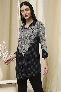 Black Printed Shirt-Style Straight Short Kurta image number 2