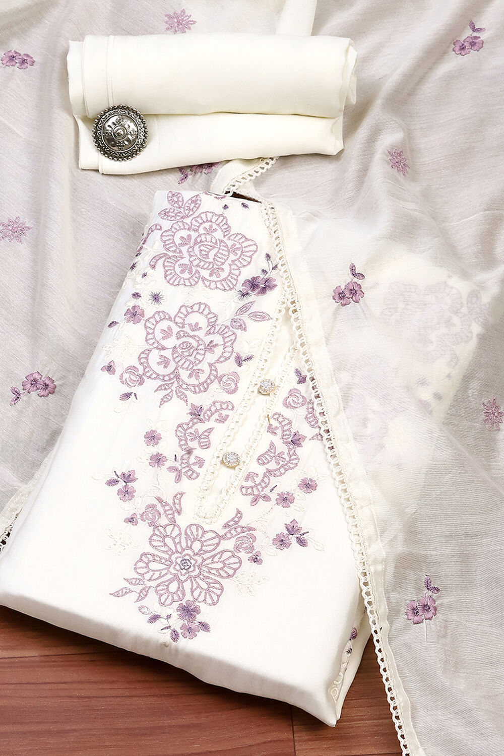 White Silk Blend Unstitched Suit Set image number 0