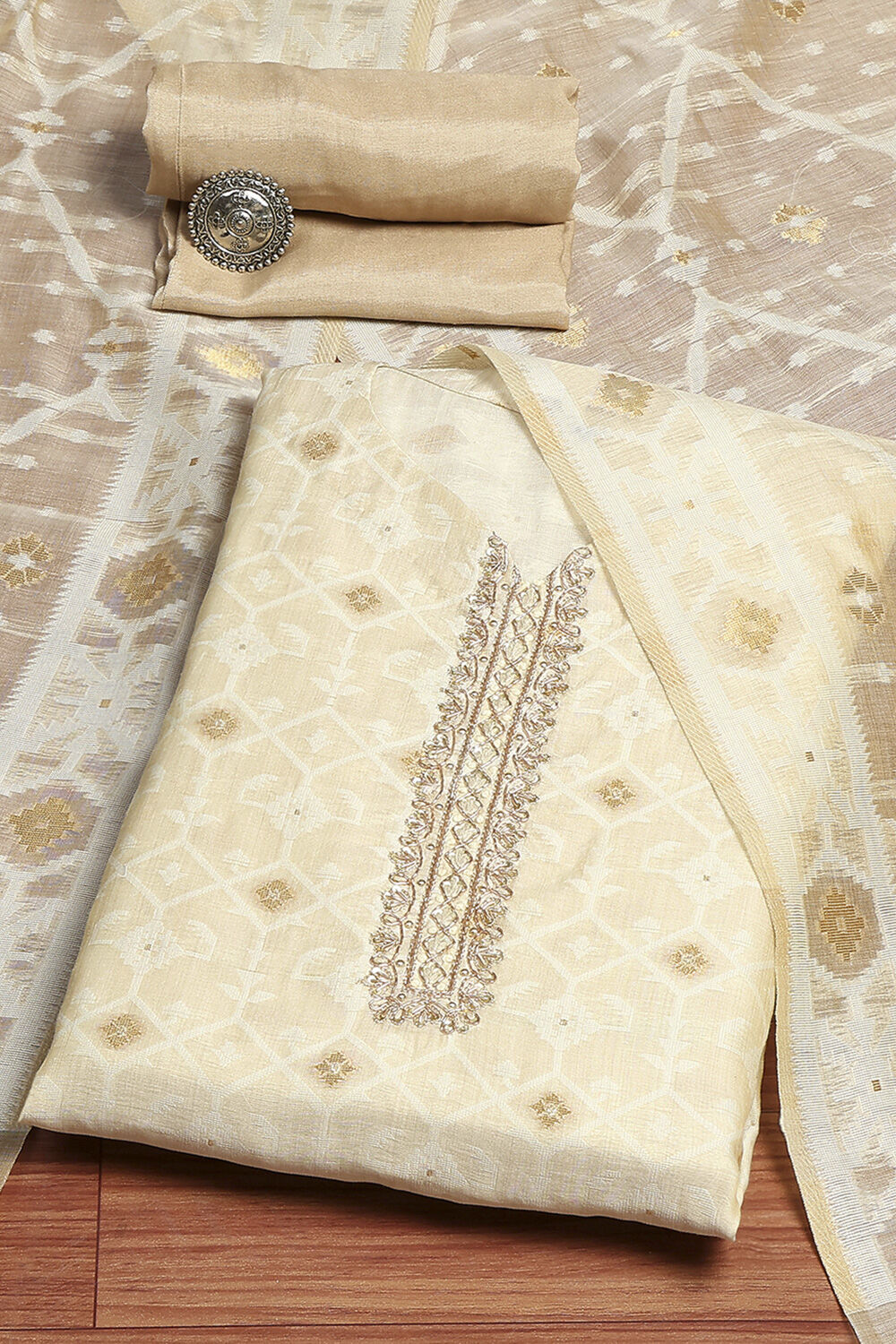 Beige Chanderi Jamdani Unstitched Suit Set image number 1