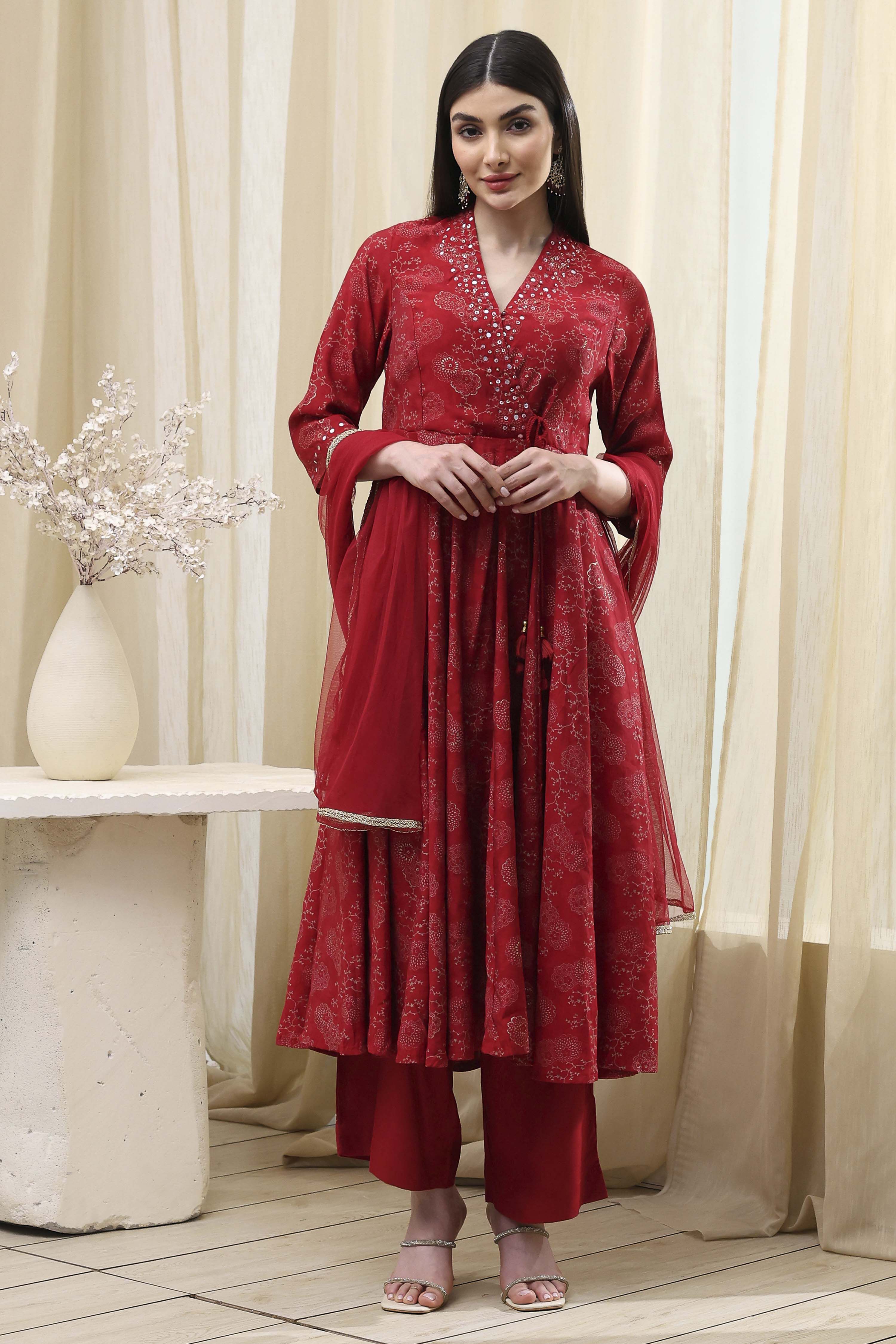 Red Printed Angrakha Style Anarkali Suit Set image number 6