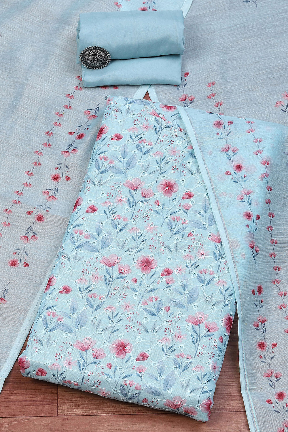 Blue Linen Blend Unstitched Suit Set image number 0