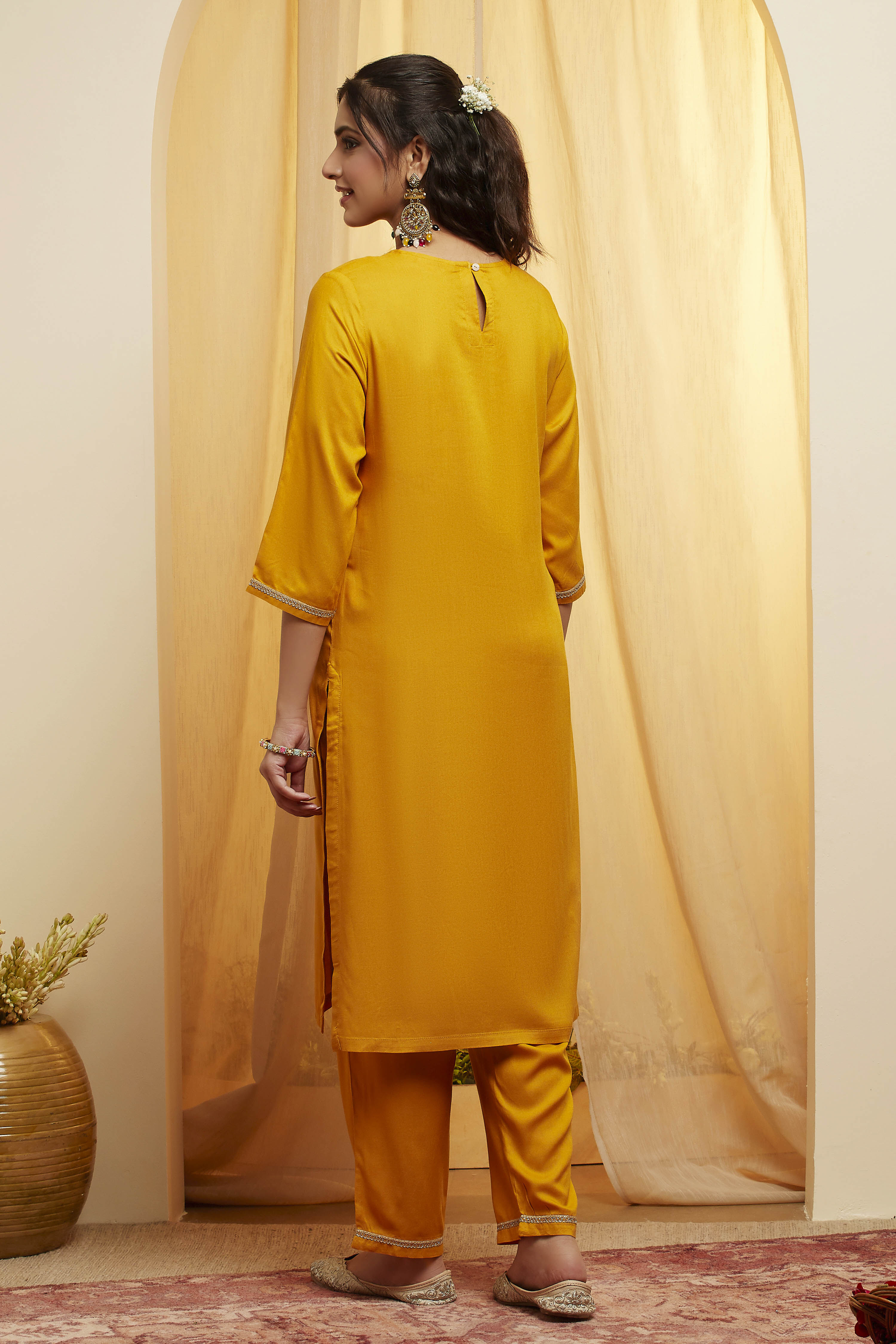 Mustard Viscose Rayon Straight Suit Set image number 1
