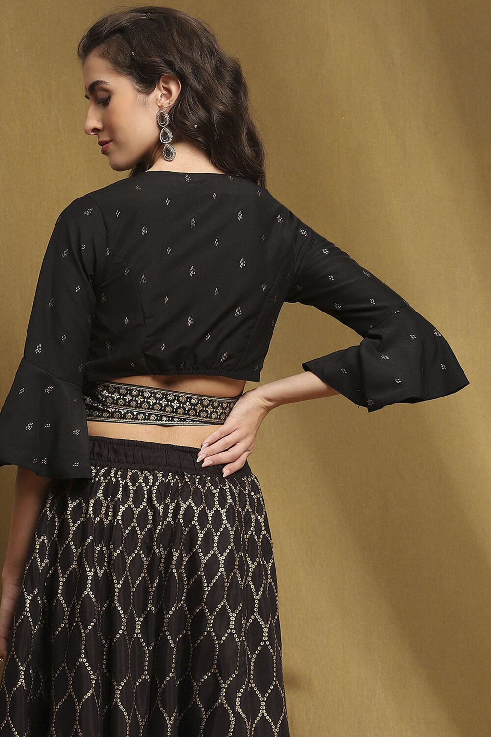 Black Hand-Block Printed Festive Crop Top image number 3