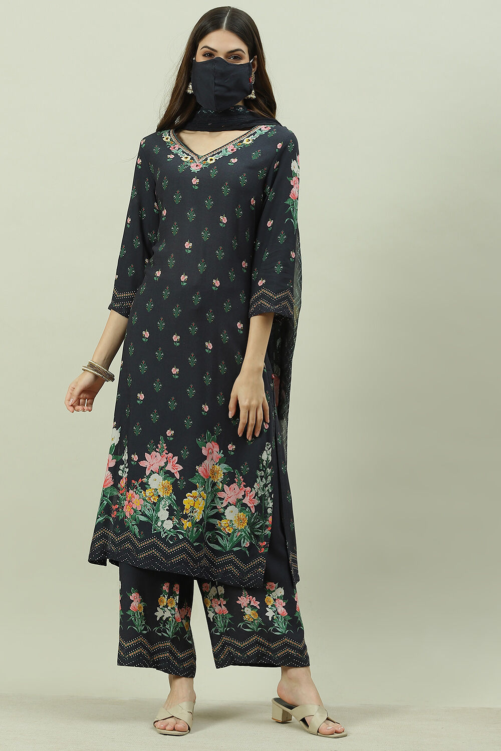 Black Rayon Printed Straight Pant Kurta Palazzo Suit Set image number 7