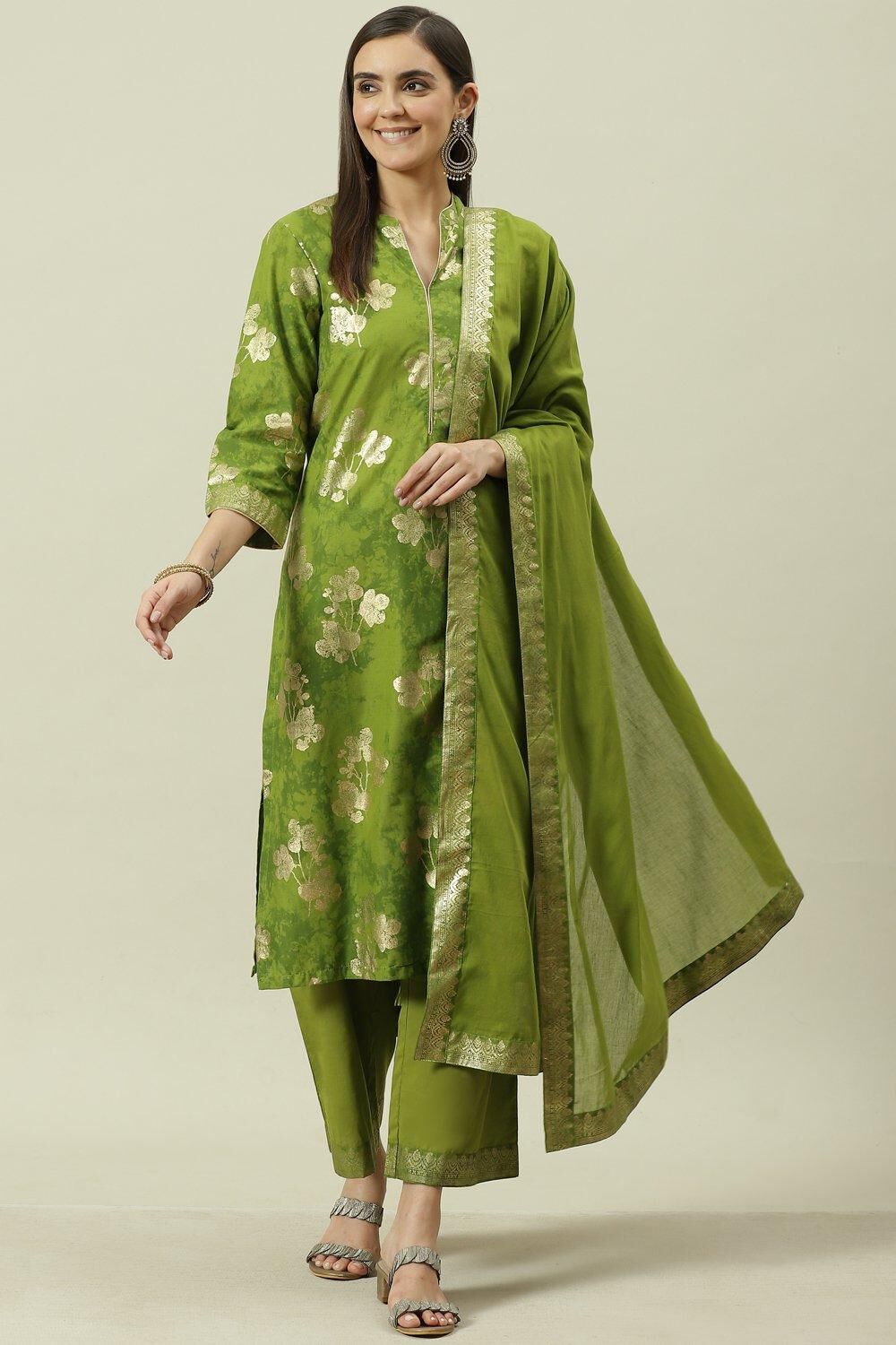 Turquoise Printed Cotton Straight Suit Set image number 0