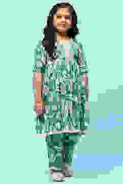 Green Cotton Floral Gathered Kurta and Palazzo Set image number 0