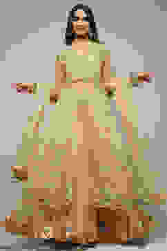 Beige Nylon Front Open Embroidered Kurta Lehenga Set image number 7