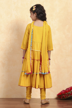 Yellow Cotton Tiered Solid Suit Set image number 4
