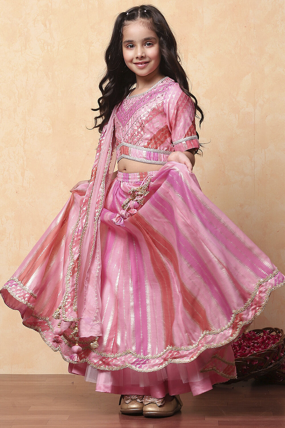 Pink Poly Chanderi Printed Flared Festive Lehenga Set image number 0