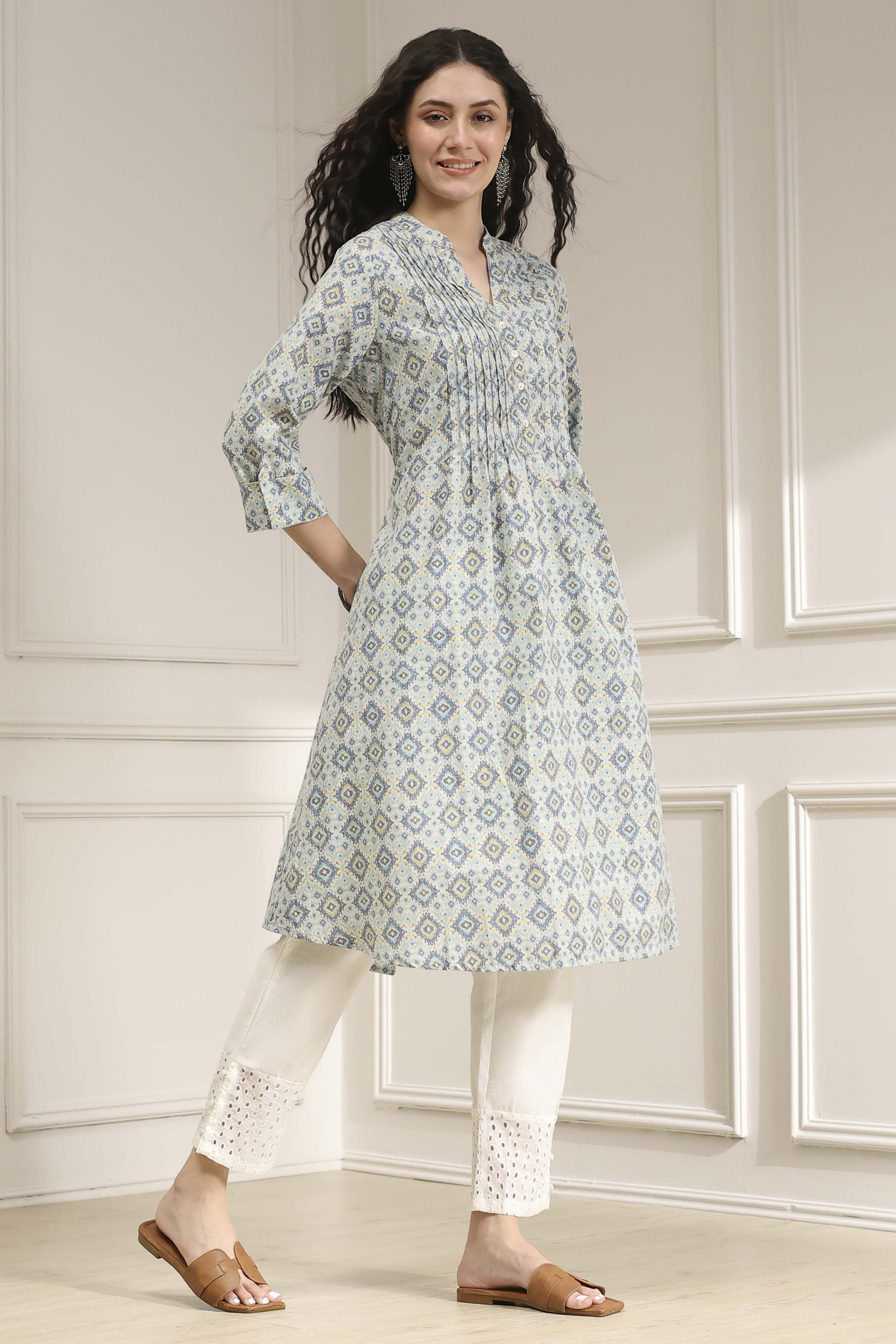 Blue Cotton Printed A-Line Kurta image number 4